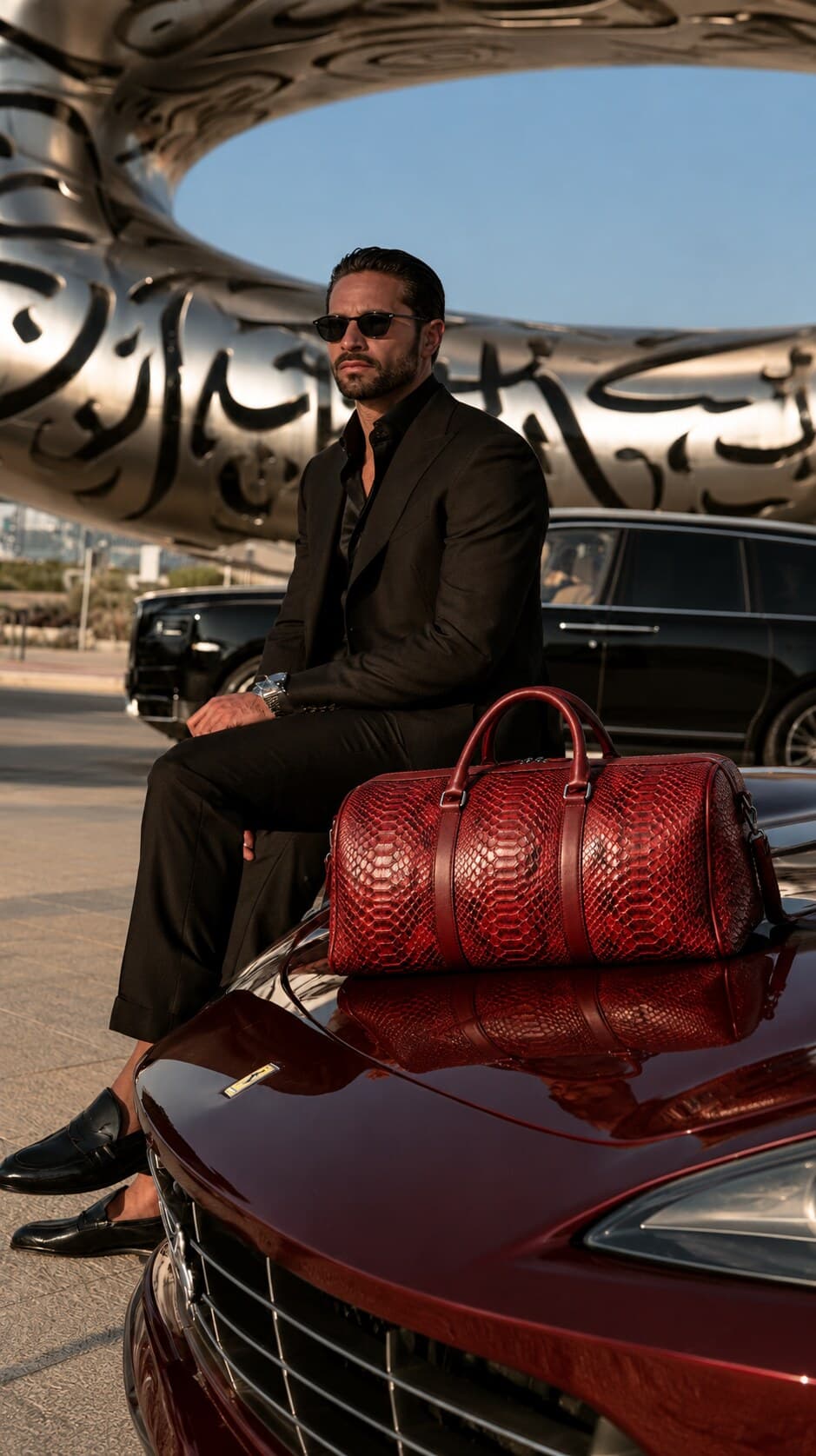 The Dom Bag in Burgundy, carried