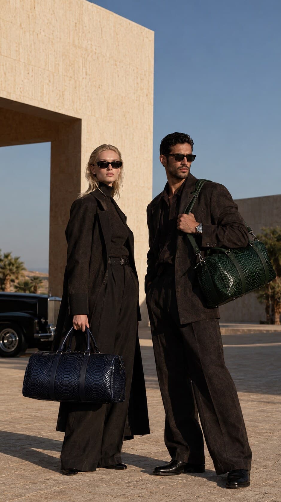 Two models in black carrying the Dom Bag in Navy and Forest Green