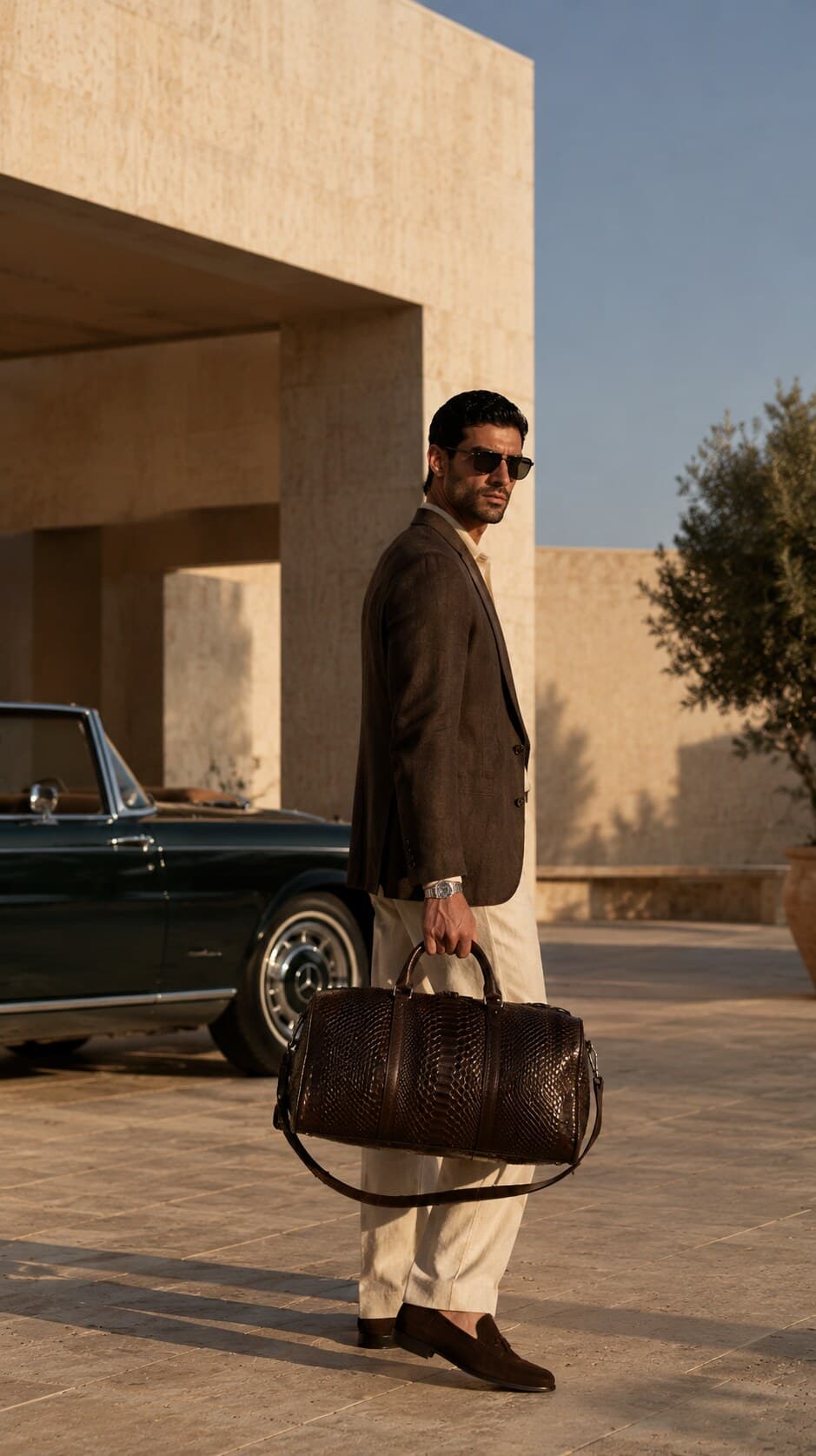 The Dom Bag in Chocolate Brown, carried