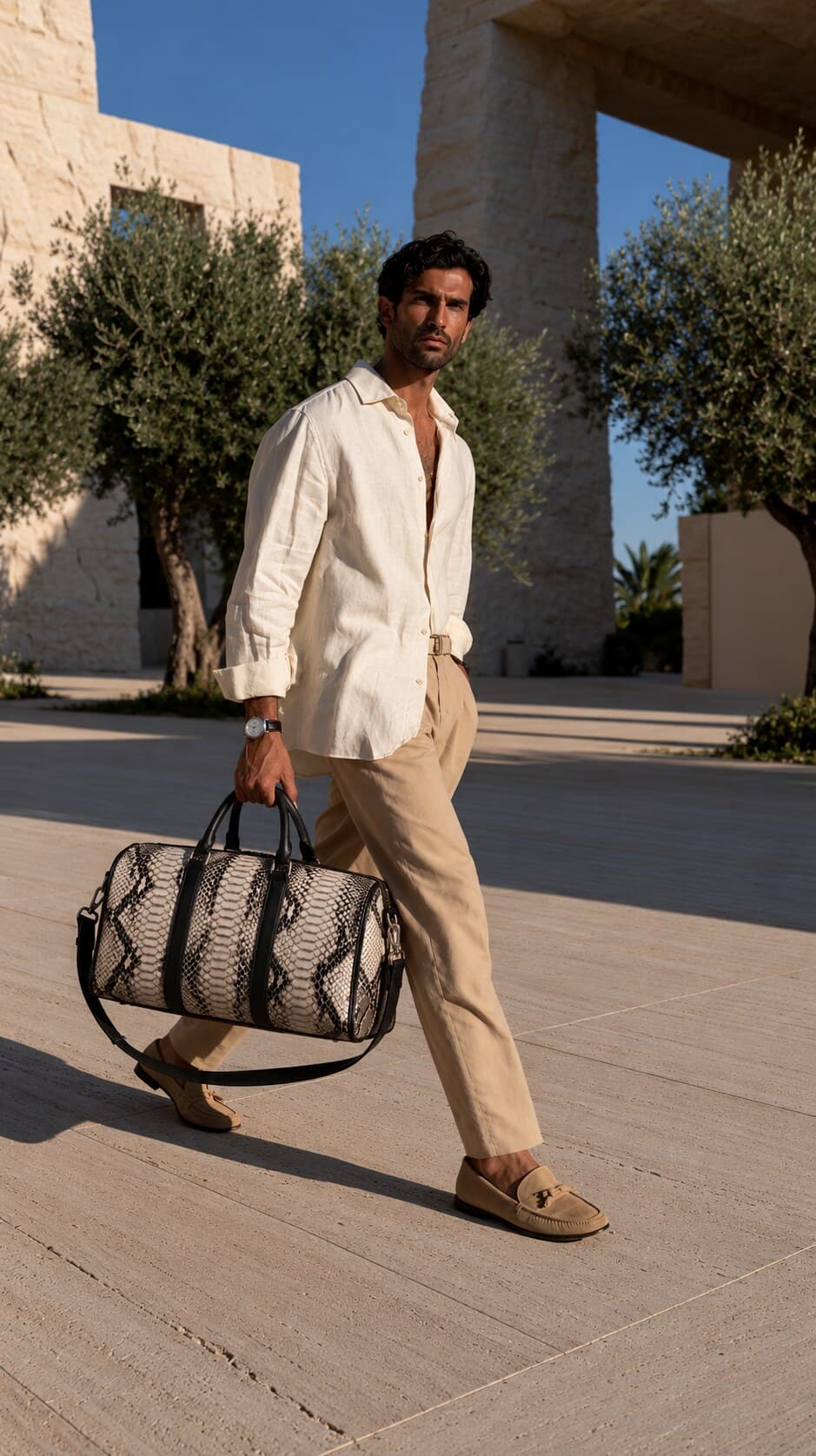 The Dom Bag in Himalayan Black, carried