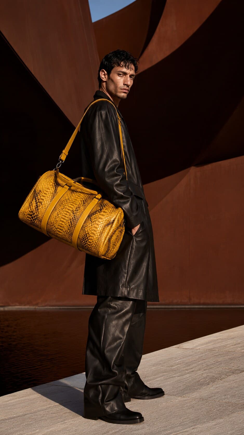 The Dom Bag in Mustard, carried